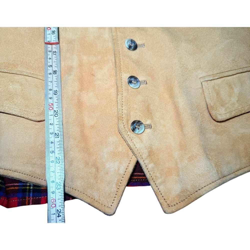 Brooks Brothers Mens M Tan Suede Leather Vest Red Tartan Plaid Back Waistcoat - Picture 10 of 10